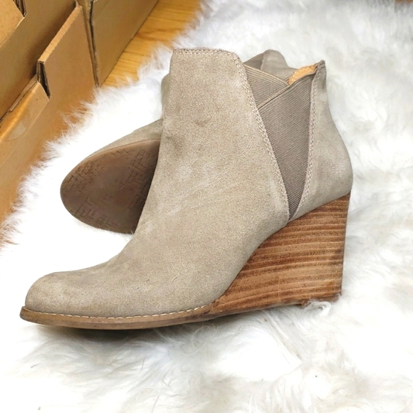 Lucky Brand LP Youse Brindle Tan Suede Cow Split Wedge Ankle Booties Boots - Picture 3 of 10